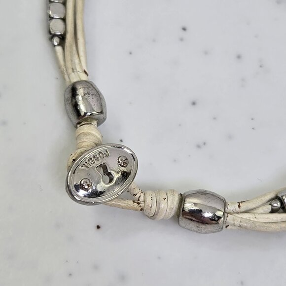 Fossil Leather Cord Bracelet White Silver Tone Beaded Multi Strand Boho - Picture 2 of 8